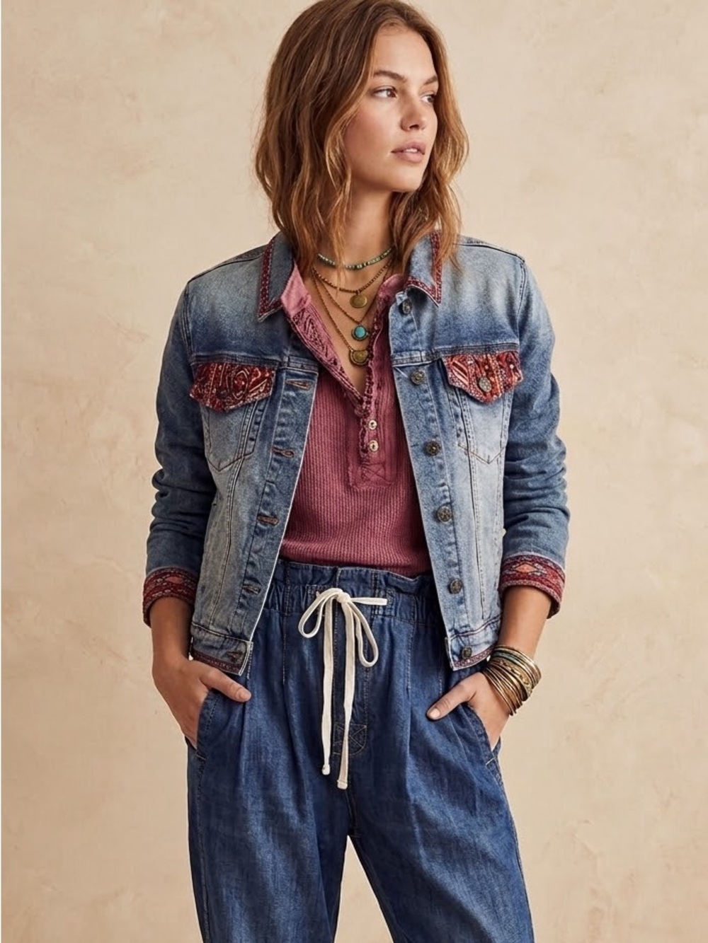 Free People x Driftwood Sedona Embroidered Floral Denim Trucker Jacket Sz. Small